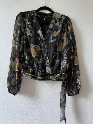 Zwarte print blouse gouden strepen (M)
